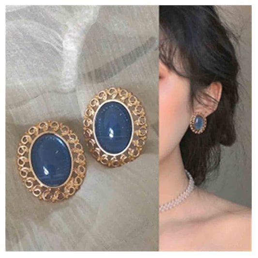 Vintage Oval Blue Gem Earrings Blue Lapis Earrings