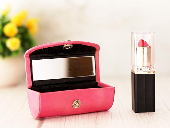 Set of 2 Leather Lipstick Case Holder Organizer Bag for Purse lipstick holder Durable Soft Leather | Cosmetic Storage Kit With Mirror (Red & Pink)