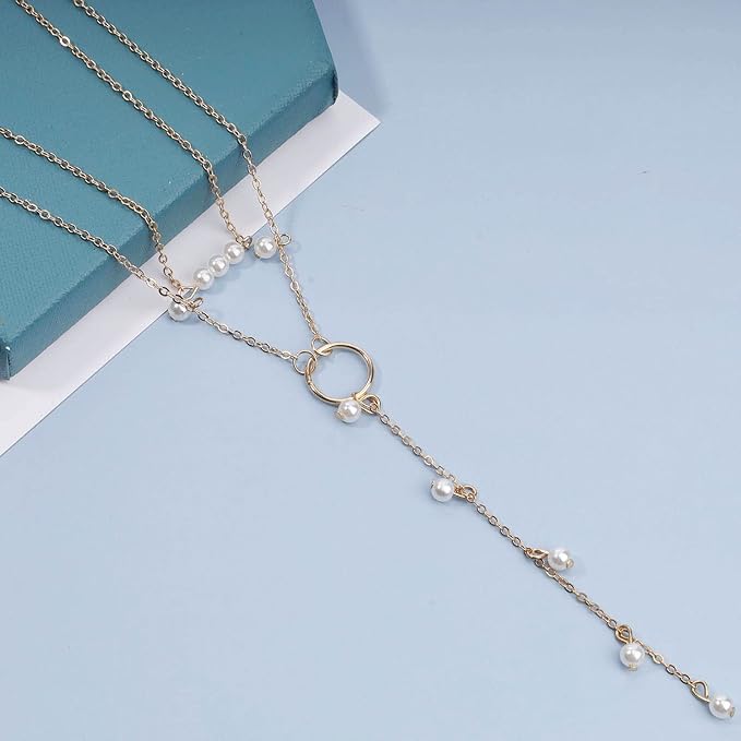 Boho Circle Pearl Lariat Necklace Gold Long Lariat