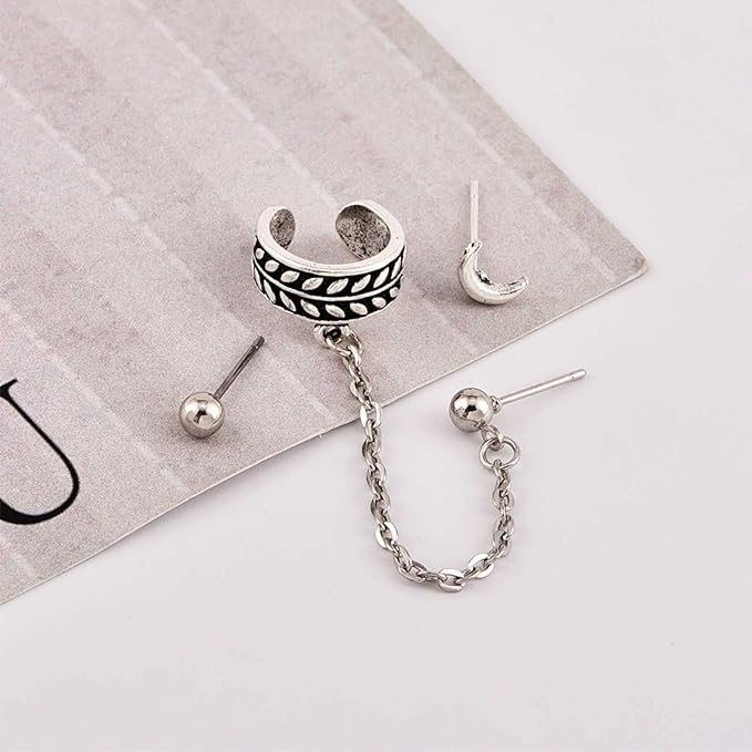 Bohemia Moon Cuff Chain Earrings Silver