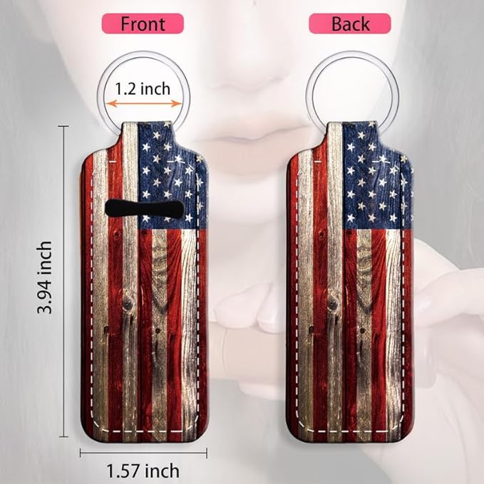 Chapstick Holder Keychain Holder Neoprene Lip Balm Lipstick Lip Gloss Holder Travel Accessory for Girls Women Gift(Retro Wood American Flag)