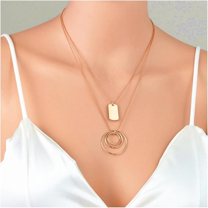 Vintage Layered Square Pendant Necklace Multi Circle Necklace
