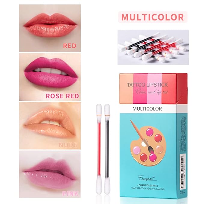 20Pcs Tattoo Lipstick Cotton Swab, Waterproof Non-Stick Tattoo Lipstick Cotton Swab Lip Tint, Long Lasting Lip Gloss Cotton Swab Matte (Nude)