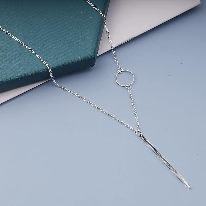 Vertical Bar Circle Necklace Silver Circle