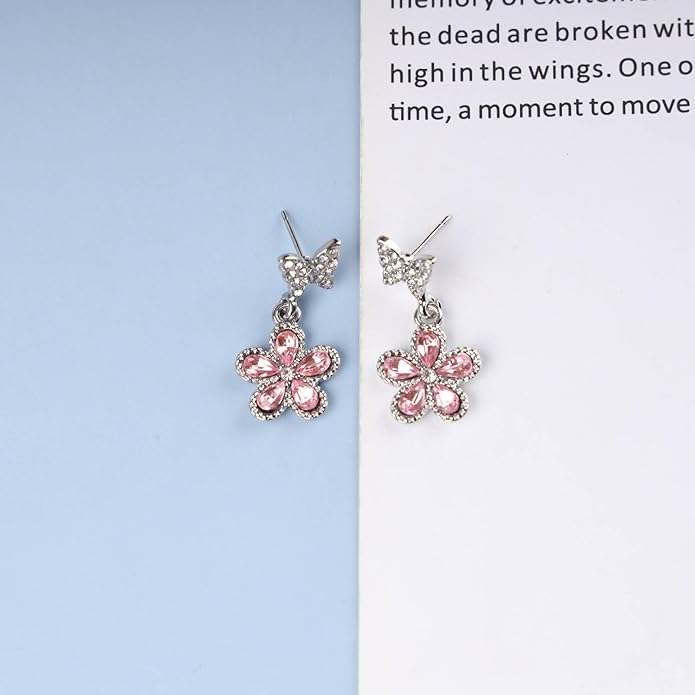 Vintage Pink Crystal Flower Earrings Butterfly