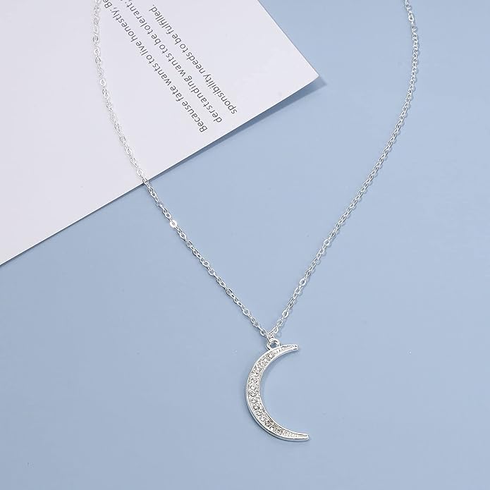 Boho Rhinestone Moon Necklace CZ Crescent
