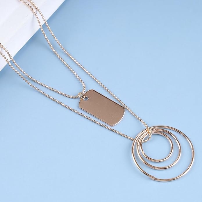 Vintage Layered Square Pendant Necklace Multi Circle Necklace