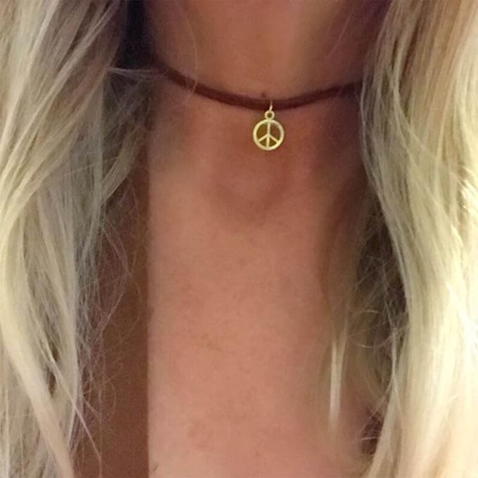 Boho Peace Choker Necklace Black Cord Circle Necklace