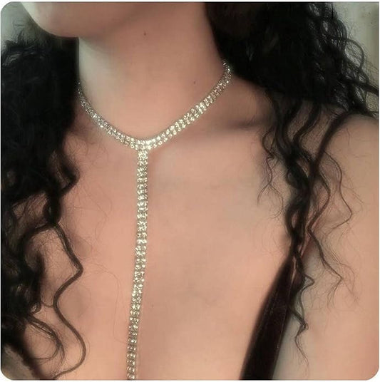 Boho Rhinestone Crystal Y Necklace Tennis Chain Y