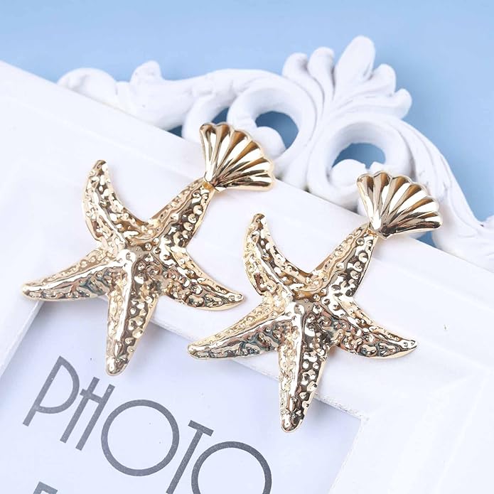 Vintage Starfish Dangle Earrings Starfish Drop Earrings Gold