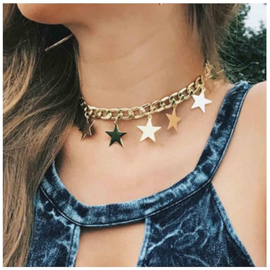 Boho Star Dangle Choker Necklace Gold Chunky Curb