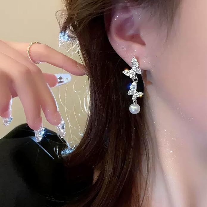Vintage Crystal Butterfly Drop Earrings Rhinestone