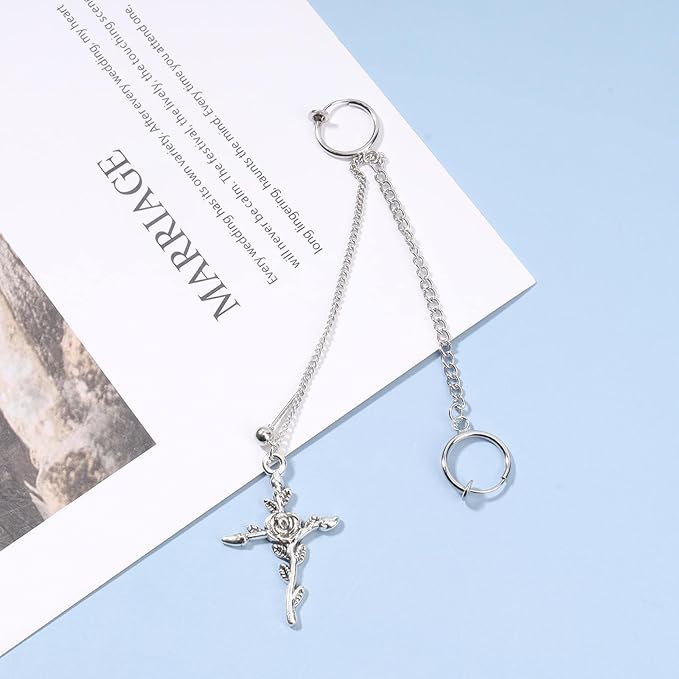 Cross Chain Cuff Earrings Silver Cross