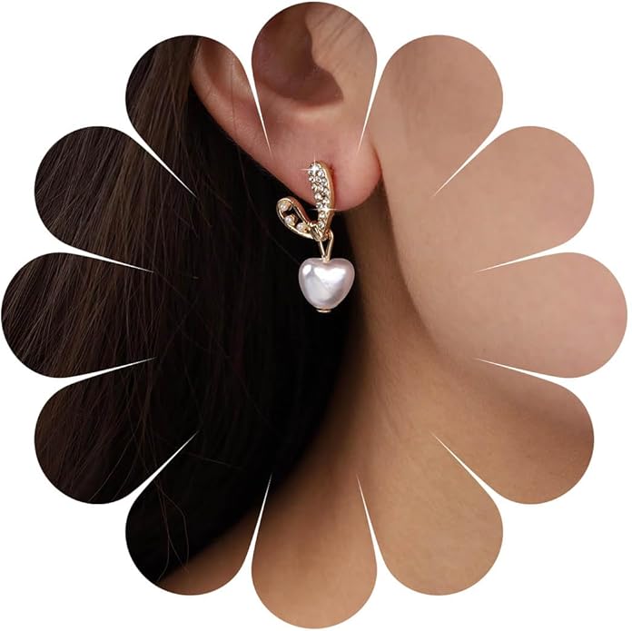 Vintage Crystal Pearl Heart Dangle Earrings Rhinestone Pearl