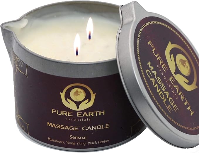 Sensual Massage Candle - Melts to Silky Oil, No Waxy Residue - Skin Moisturizing Body Massage Oil Candles (160 Grams or 6 oz.) - with Palmarosa, Ylang Ylang, Black Pepper by PURE EARTH essentials