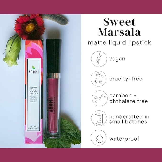 Aromi Matte Liquid Lipstick | Rose Burgundy, Pink Maroon Lip Color, Long Lasting, Waterproof, Long Wear, Smudge and Transfer Proof, Vegan Makeup (Sweet Marsala)