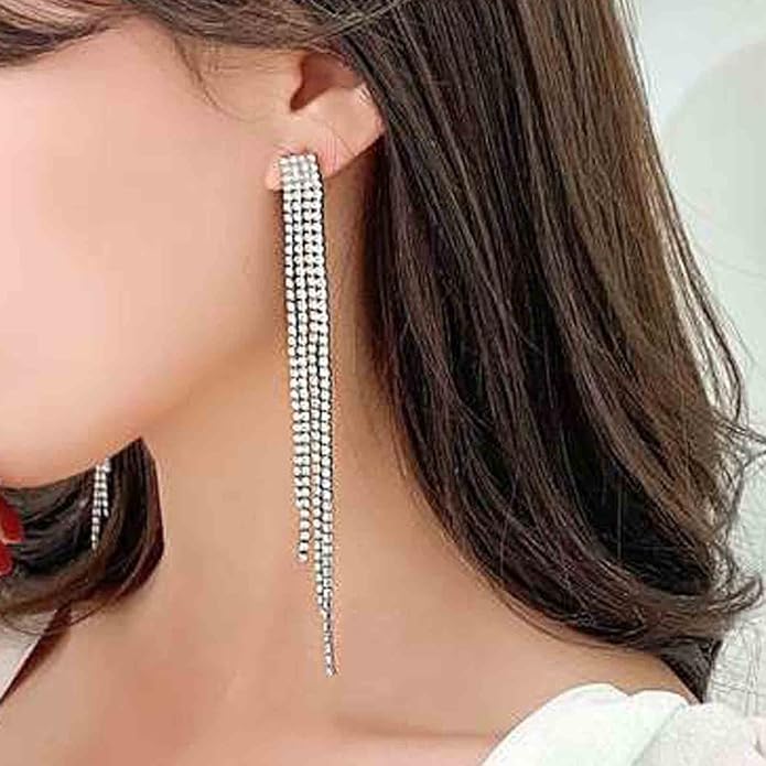 Boho Rhinestone Tassel Earrings Long Fringe Drop Dangle