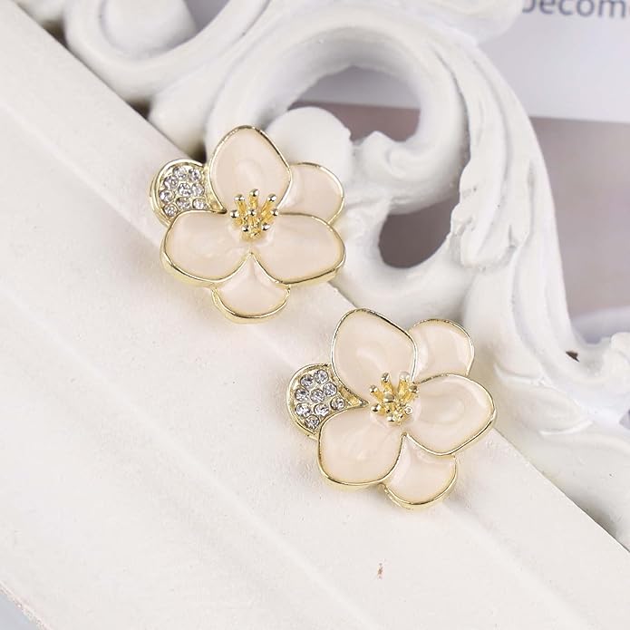 Vintage Enamel Flower Stud Earrings Camellia