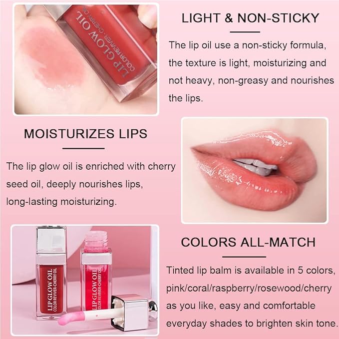 Charm Kiss 2 Colors Hydrating Lip Oil Plumping Lip Tint Moisturizing Lip Gloss, Plump Lip Gloss Lip Care Transparent Toot Lip Oil Tinted, Glass Lip Glow Oil Fresh Texture, Long Lasting Nourishing