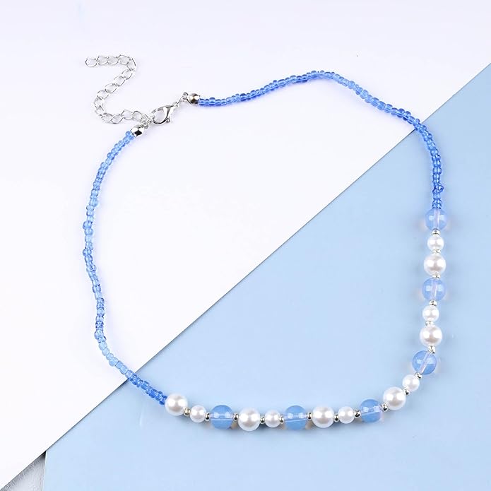 Boho Pearl Choker Necklace Vintage Blue
