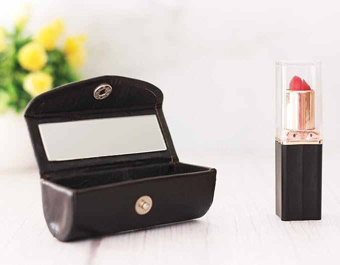 Mother's Day Gifts Set of 2 Leather Lipstick Case Holder Organizer Bag for Purse lipstick holder Durable Soft Leather | Cosmetic Storage Kit With Mirror (Red & Black)