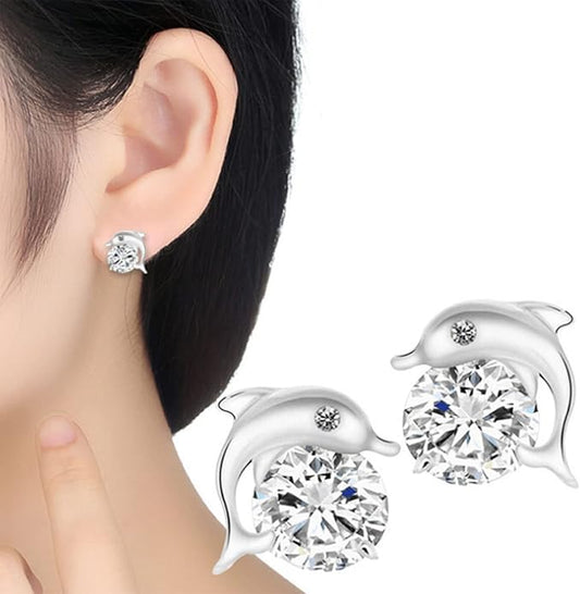 Silver Dolphin CZ Earrings Cute Animal