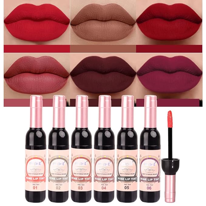 6 Colors Matte Red Wine Liquid Lipstick Pack Set,Wine Lip Tint Long Lasting 24 Hour Waterproof Velvet Nonstick Cup Lipgloss Lip Stain Pigmented Lip Makeup Gift Sets for Girls and Women Labiales