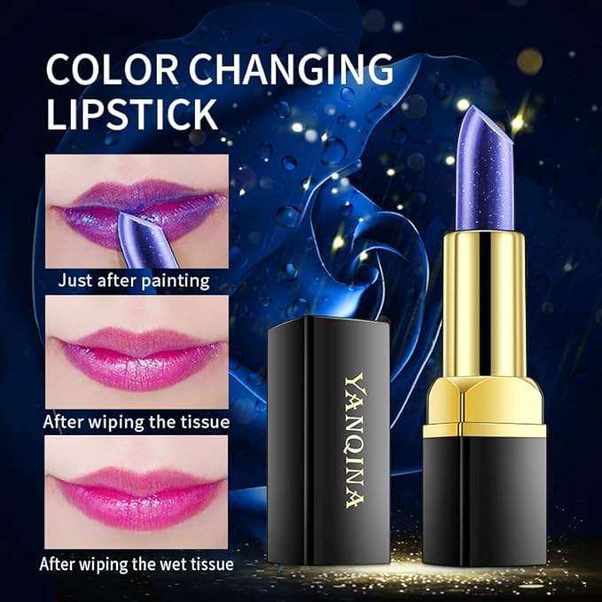 MEICOLY 2 Pcs Shimmer Blue Lipstick,Magic Color Changing Lipstick,Magic