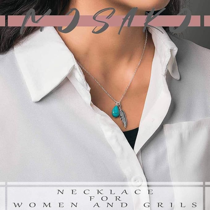 Boho Turquoise Necklaces Silver Feather Pendant Necklace Chain