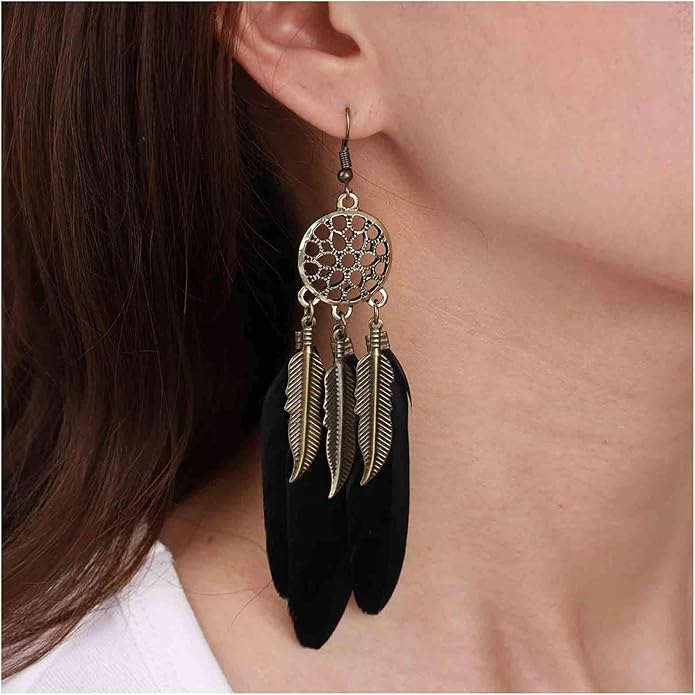 Boho Black Feather Dangle Earrings Long Feather Tassel