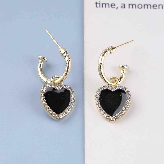 Vintage Crystal Heart Drop Earrings Black Heart Onyx