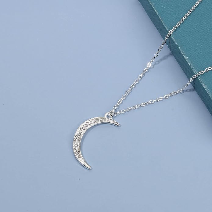 Boho Rhinestone Moon Necklace CZ Crescent