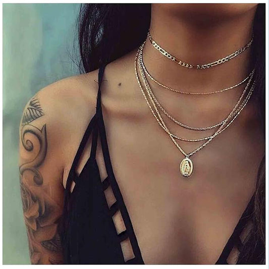 Boho Layered Oval Coin Necklace Choker