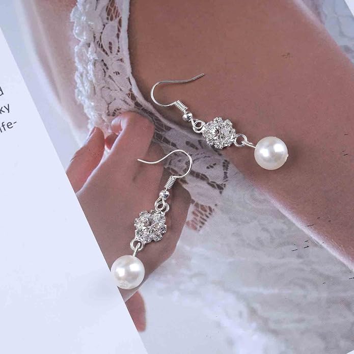 Vintage Rhinestone Pearl Drop Earrings Crystal Flower Dangle