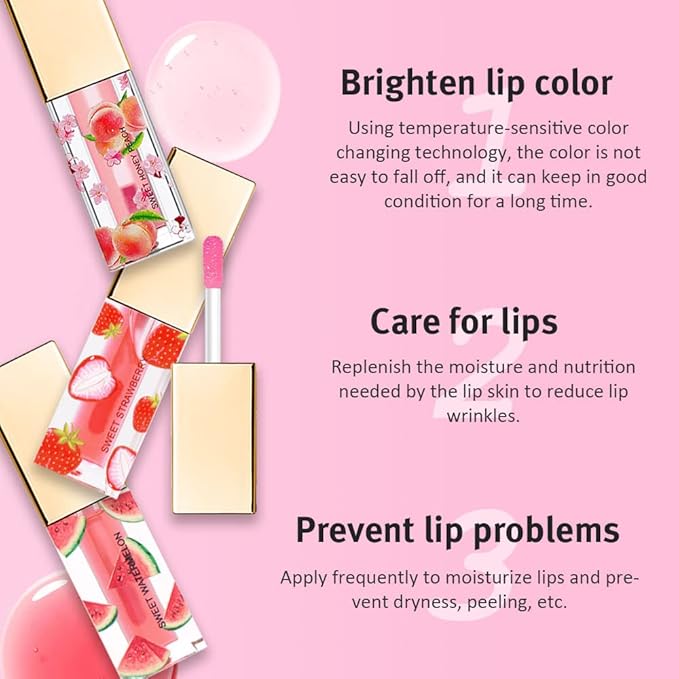 BINGBRUSH 3 Pcs Color Changing Lip Gloss Tinted, Peaches Strawberry Watermelon Magic Mood Lipstick,PH Color Change Lip Stain Lip Balm, Longlasting Lips Will Not Dry Out