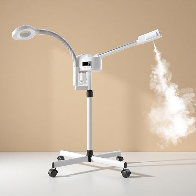 Facial Steamer with Magnifying Lamp, Face Steamer for Esthetician, 2 in 1 Facial Steamer Professional, Face Steamer for Facial Deep Cleaning(White).