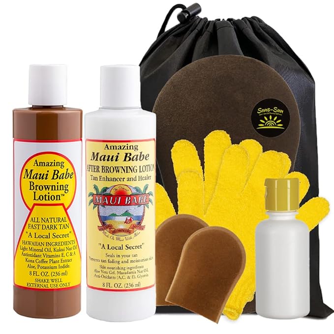 Maui Babe Browning Lotion 8oz & Maui Babe After Browning Lotion 8oz (9 Pc Deluxe Maui Babe Package) Outdoor Tanner & After Sun Enhancer Lotion Kit with Tanning Mitts, Travel Bottle, Draw String Bag &