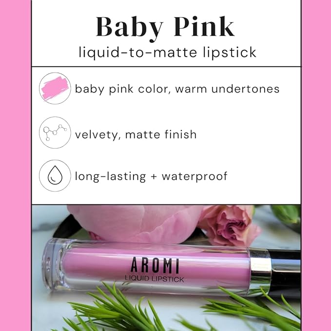 Aromi Baby Pink Matte Liquid Lipstick, Light Pink Lip Color, Smudge Proof, Waterproof, and Long-lasting Lipstick, Vegan and Cruelty-free, Handmade (Baby Pink)