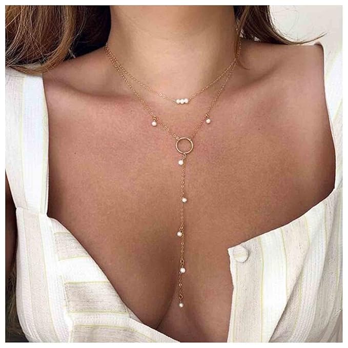 Boho Circle Pearl Lariat Necklace Gold Long Lariat