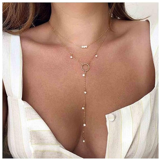 Boho Circle Pearl Lariat Necklace Gold Long Lariat