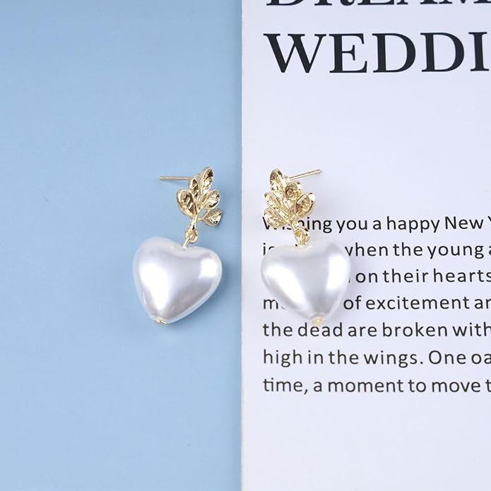 Vintage Pearl Heart Drop Earrings Gold