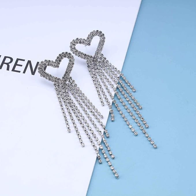 Boho Rhinestone Heart Tassel Earrings Long