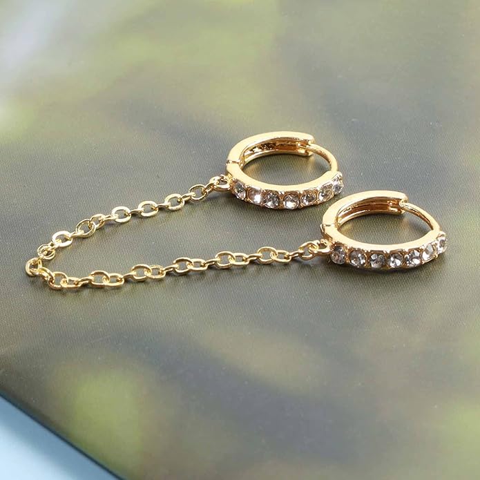 Boho Double Chain Hoop Earrings Gold Cz Hoop