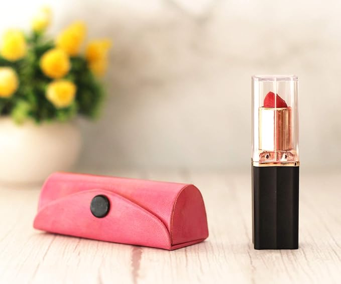 Set of 2 Leather Lipstick Case Holder Organizer Bag for Purse lipstick holder Durable Soft Leather | Cosmetic Storage Kit With Mirror (Pink & Black)