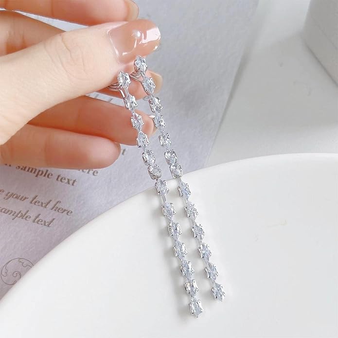 Vintage Rhinestone Chain Drop Earrings Silver Linear Crystal
