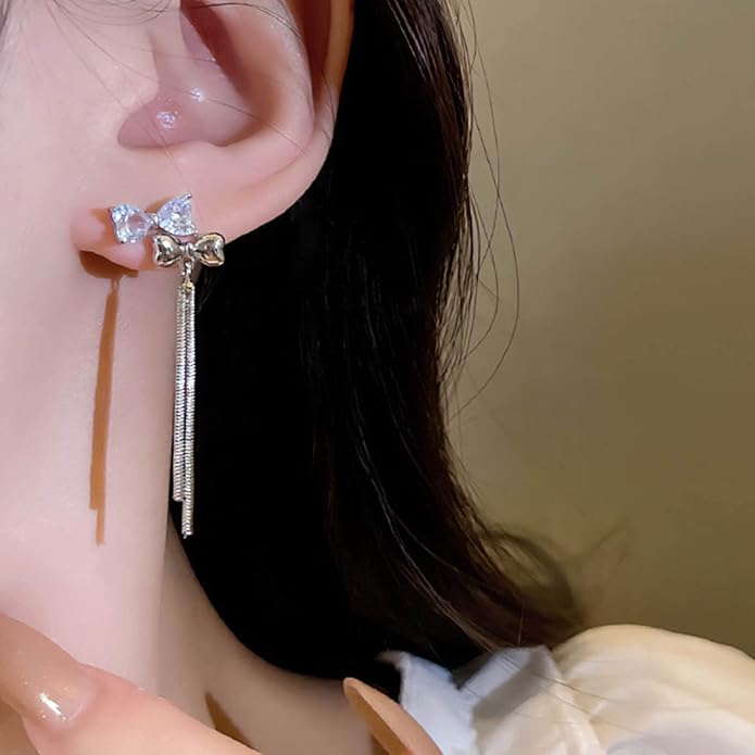 Vintage Crystal Bow Chain Drop Earrings Rhinestone Heart