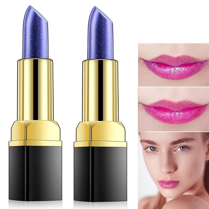 MEICOLY 2 Pcs Shimmer Blue Lipstick,Magic Color Changing Lipstick,Magic