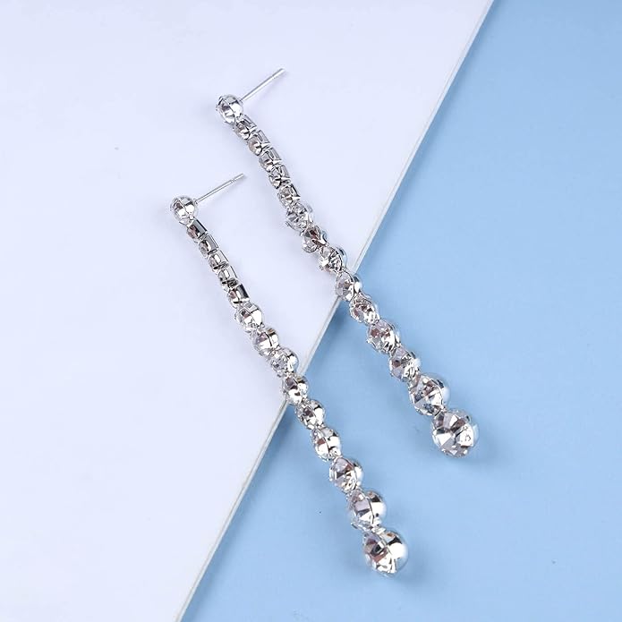 Vintage Rhinestone Chain Drop Earrings Silver Linear Crystal