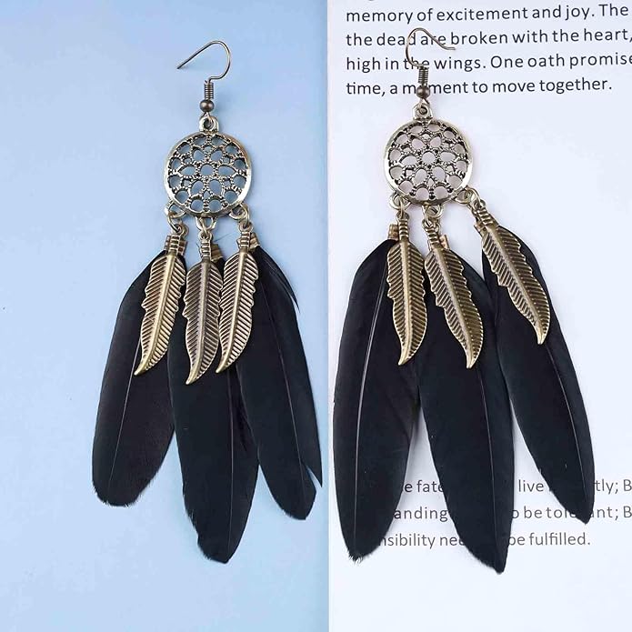Boho Black Feather Dangle Earrings Long