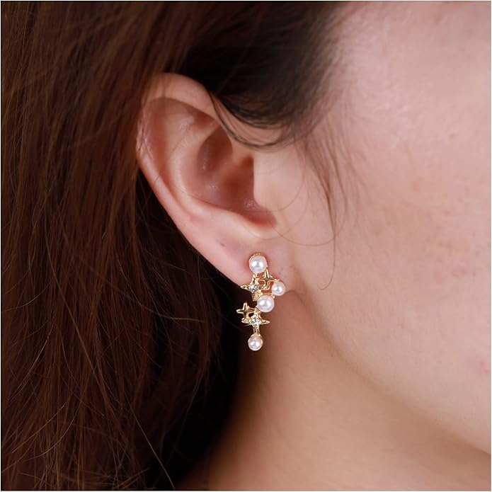 Vintage Pearl Star Earrings Rhinestone Pearl Drop Earrings